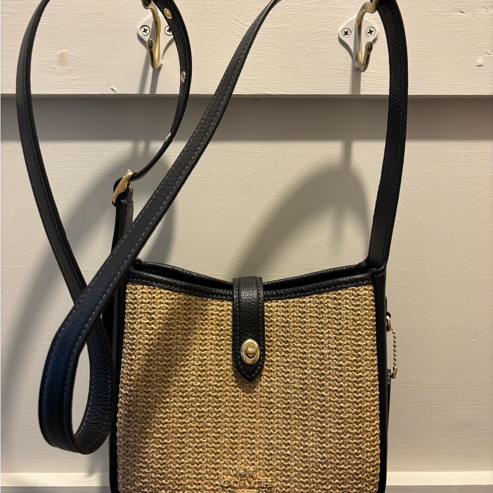 Coach Straw Crossbody with Black Leather Trim and Gold Hardware